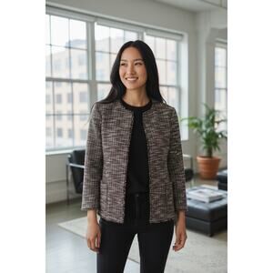 Max Studio Textured Tweed Knit Fringe Trim Cardigan Gray Size XL